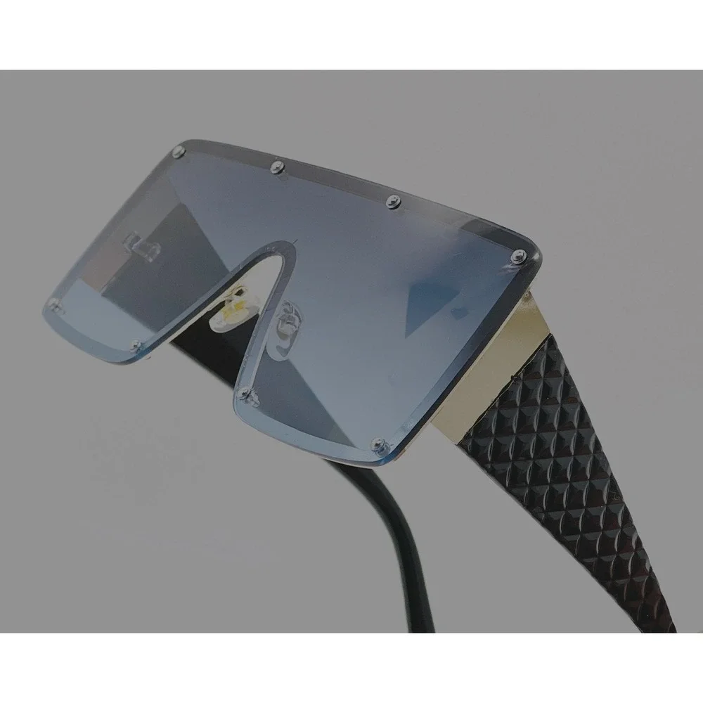 RETRO SHIELD Style Party Rave‎ Club DJ SUN GLASSES Gold Frame Flat Blue Lens New